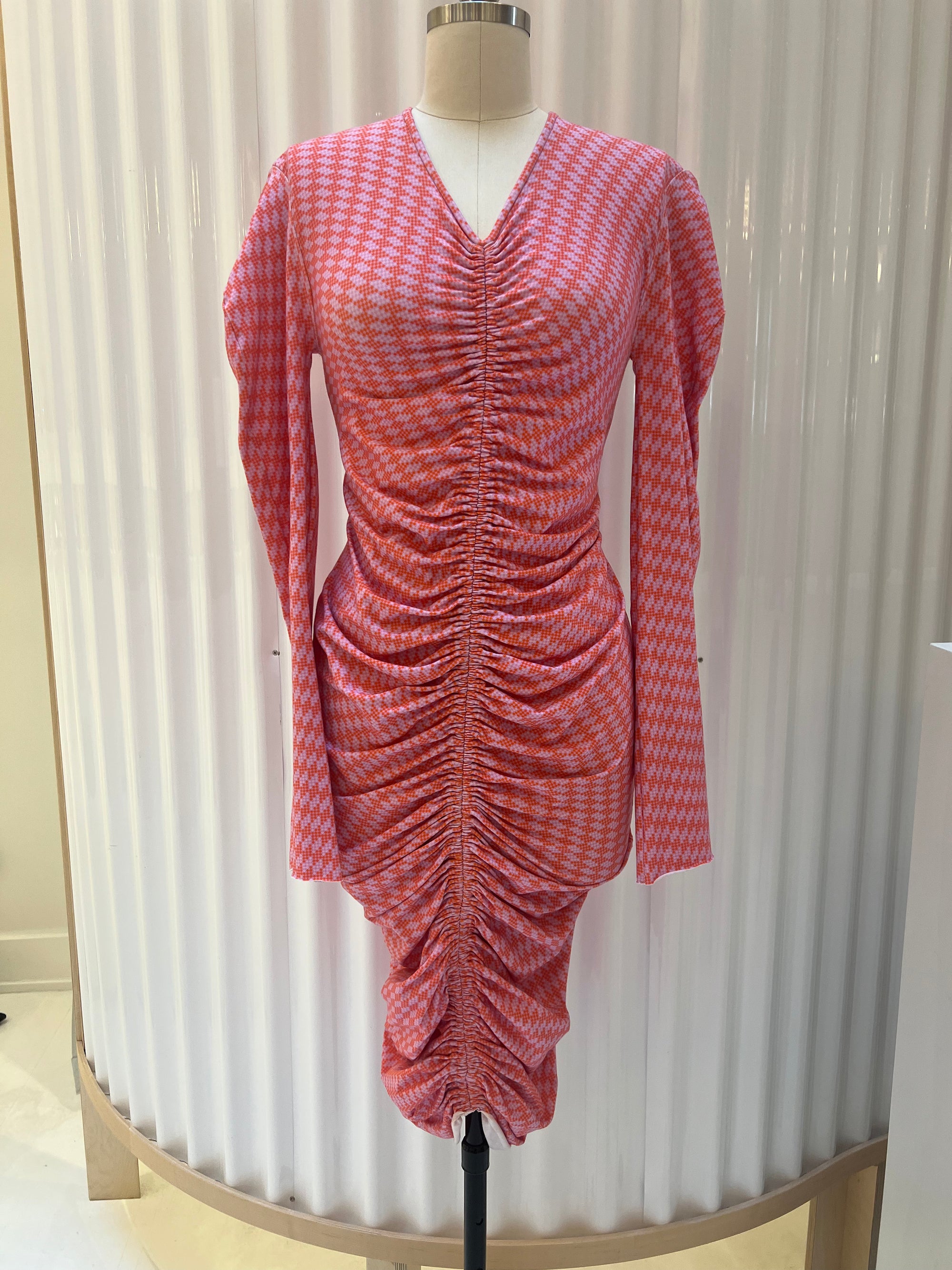 Draped Geometric Pink Red Print Jersey Bodycon Dress, W007588