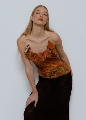 Asymmetric Ruffle Printed Top, Moth Blossom Print