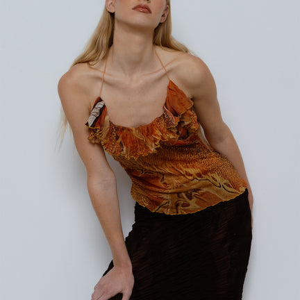 Asymmetric Ruffle Printed Top, Moth Blossom Print