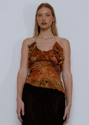 Asymmetric Ruffle Printed Top, Moth Blossom Print