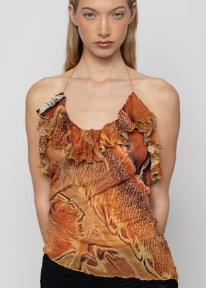 Asymmetric Ruffle Printed Top, Moth Blossom Print