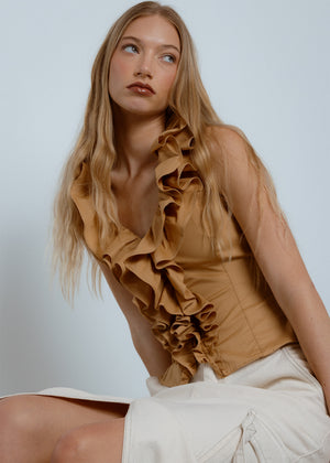 Frill Open Back Top, Beige