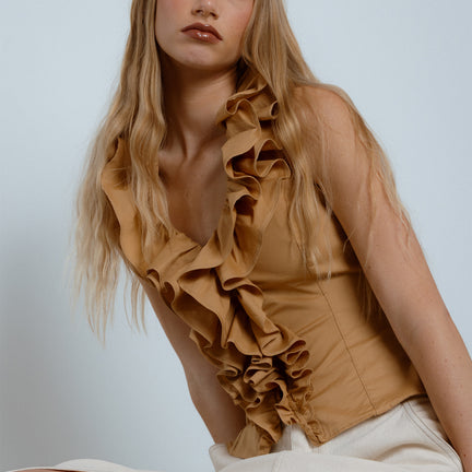 Frill Open Back Top, Beige