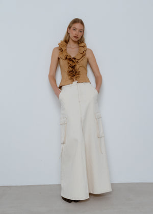 Frill Open Back Top, Beige