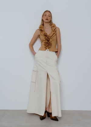 Frill Open Back Top, Beige