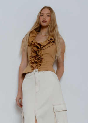 Frill Open Back Top, Beige