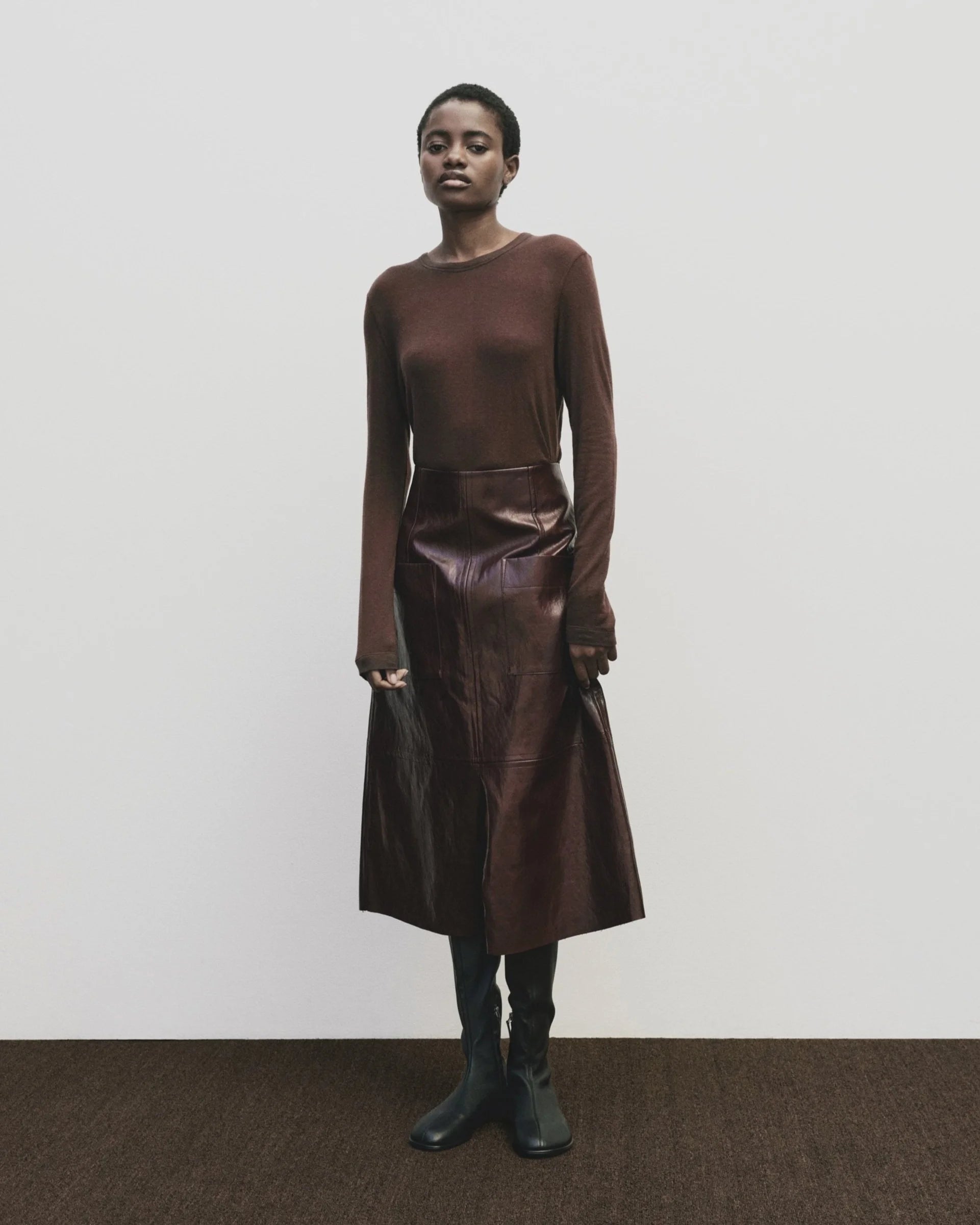 Wool Tencel Crew Neck Top, Brown