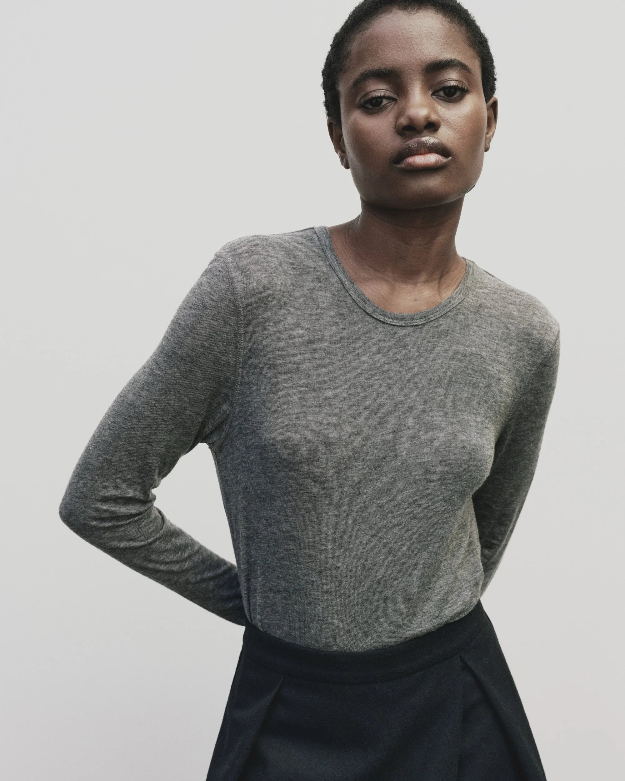 Wool Tencel Crew Neck Top, Heather Grey