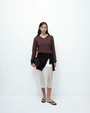 Cotton Blend V-Neck Knit Top. Brown