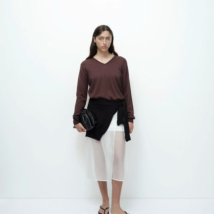 Cotton Blend V-Neck Knit Top. Brown