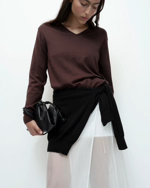 Cotton Blend V-Neck Knit Top. Brown