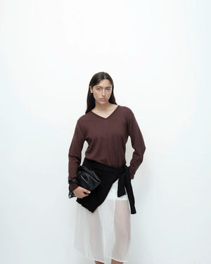 Cotton Blend V-Neck Knit Top. Brown