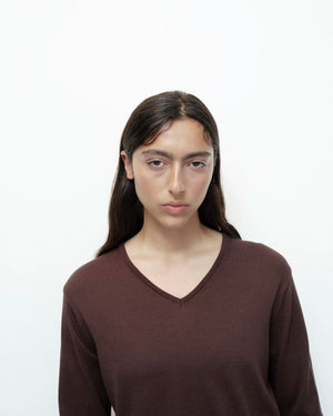 Cotton Blend V-Neck Knit Top. Brown