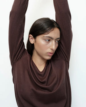 Cotton Blend V-Neck Knit Top. Brown