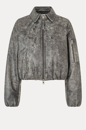 Bold Leather Bomber, Dark Grey Washed