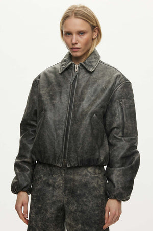 Bold Leather Bomber, Dark Grey Washed