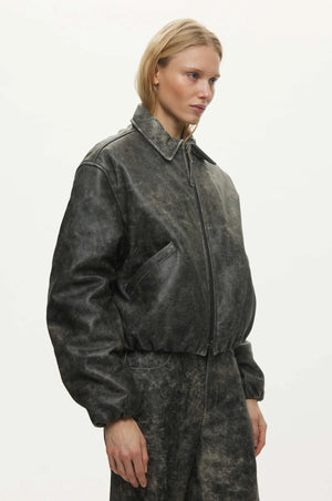 Bold Leather Bomber, Dark Grey Washed