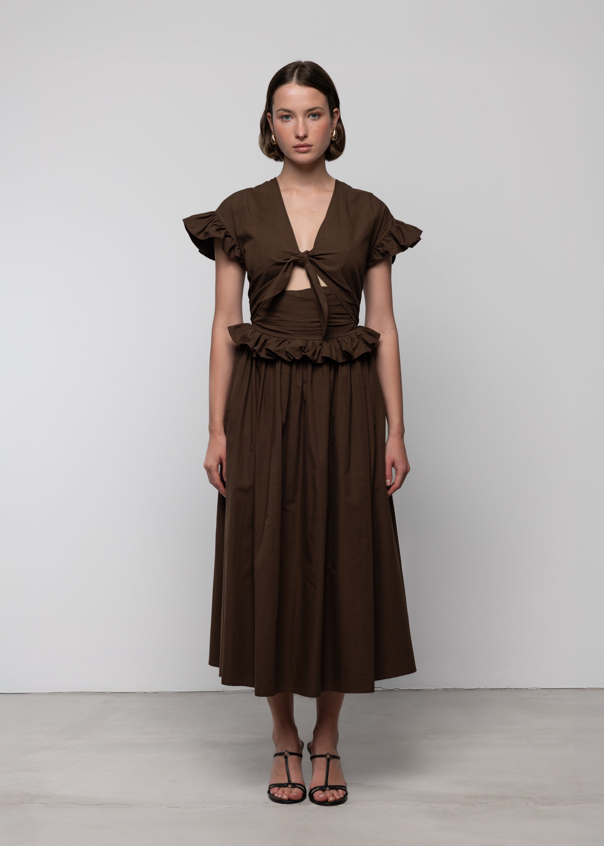 Tiered Cotton Bow Maxi Dress, Brown Tiered Cotton Bow Maxi Dress, Brown