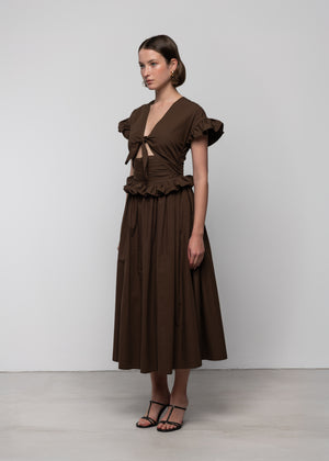 Tiered Cotton Bow Maxi Dress, Brown