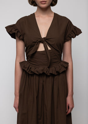 Tiered Cotton Bow Maxi Dress, Brown
