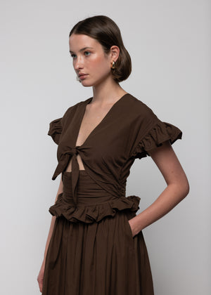 Tiered Cotton Bow Maxi Dress, Brown
