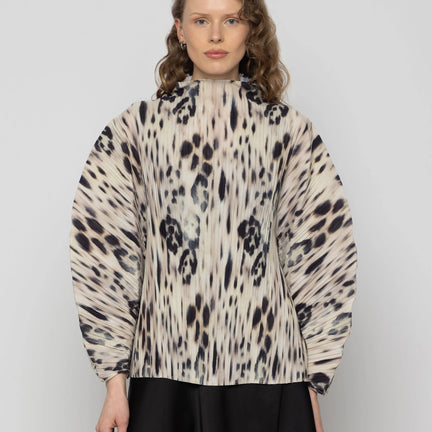 Sculpted Pleated High Neck Top, Leopard Print