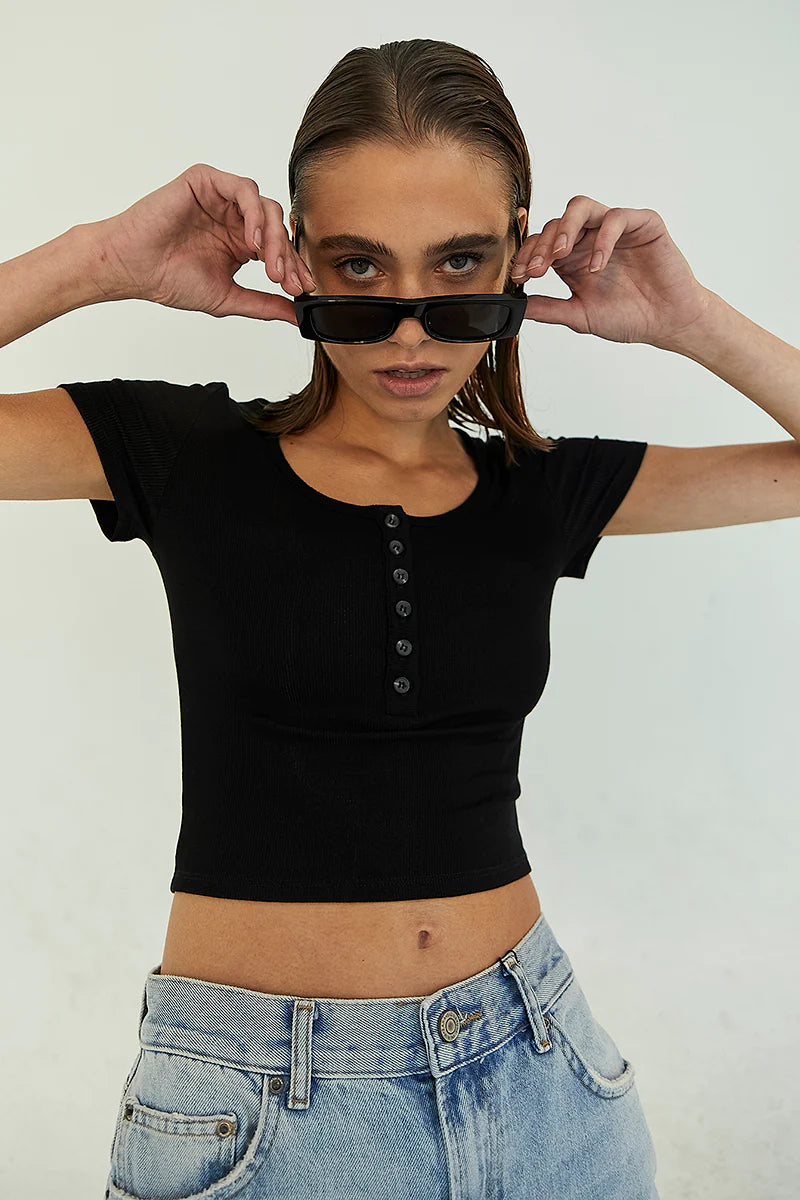 Lucky Brand Womens XL Black Short Sleeve Henley Ribbed Crop Shirt