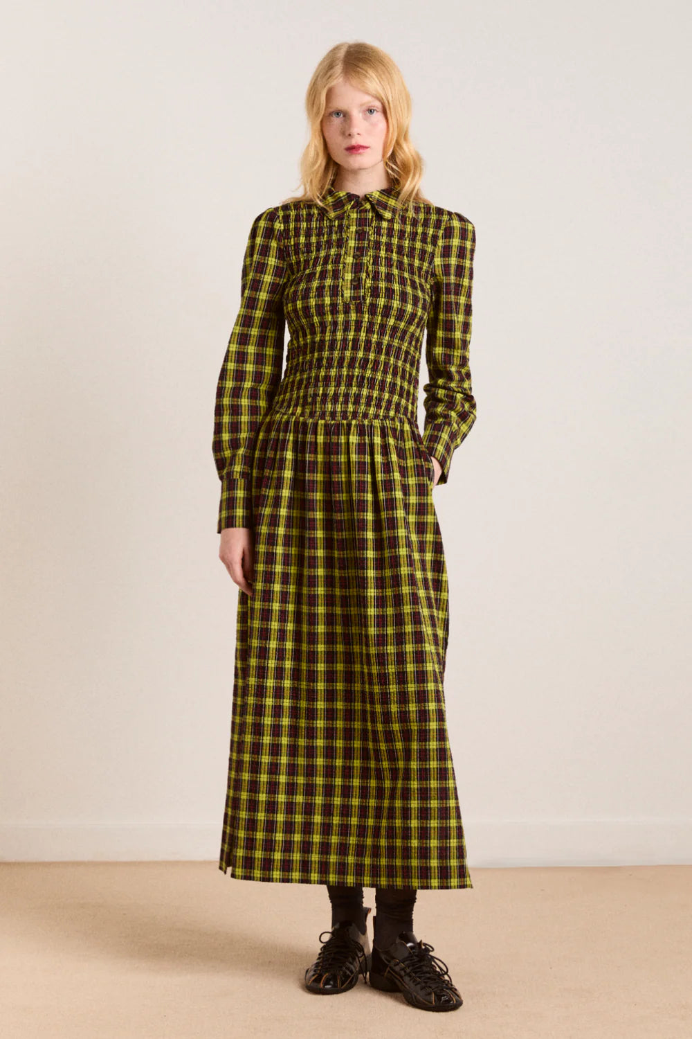 Hazel Long Sleeve Midi Dress, Bold Yellow Tartan