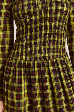 Hazel Long Sleeve Midi Dress, Bold Yellow Tartan