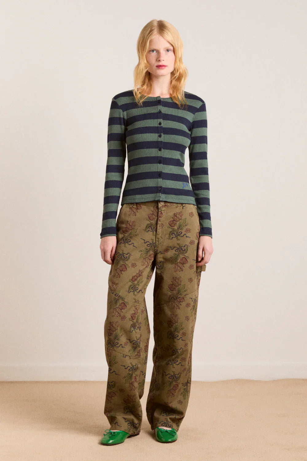 Sybil Stripe Crew Cardigan, Green