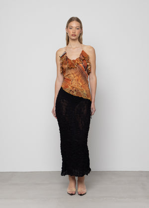 Asymmetric Ruffle Printed Top, Moth Blossom Print