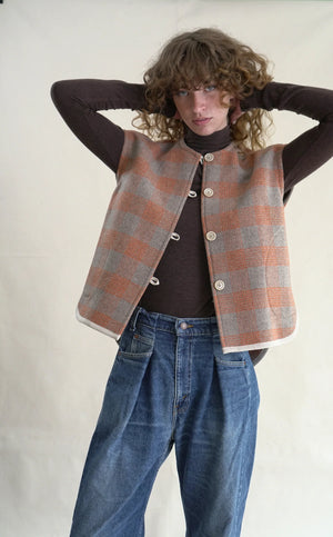 Wool Plaid Pernille Vest with Scarf, Taupe/Coral