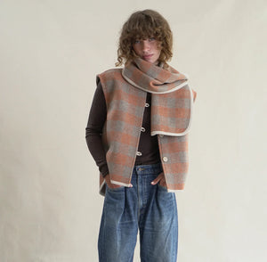 Wool Plaid Pernille Vest with Scarf, Taupe/Coral