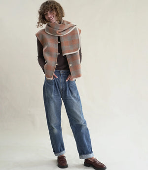 Wool Plaid Pernille Vest with Scarf, Taupe/Coral