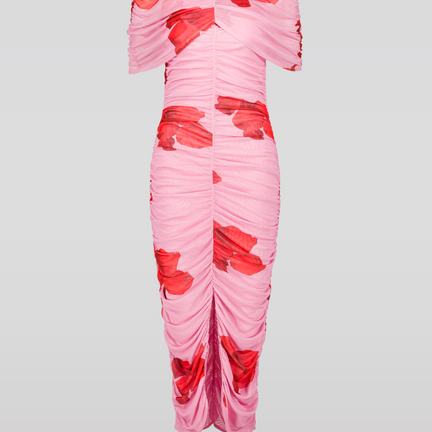 Mesh Floral Cape Midi Dress, Pink