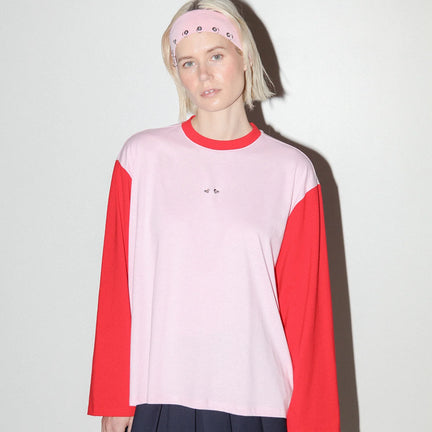 Contrast Long Sleeve Box Tee, Pink & Red