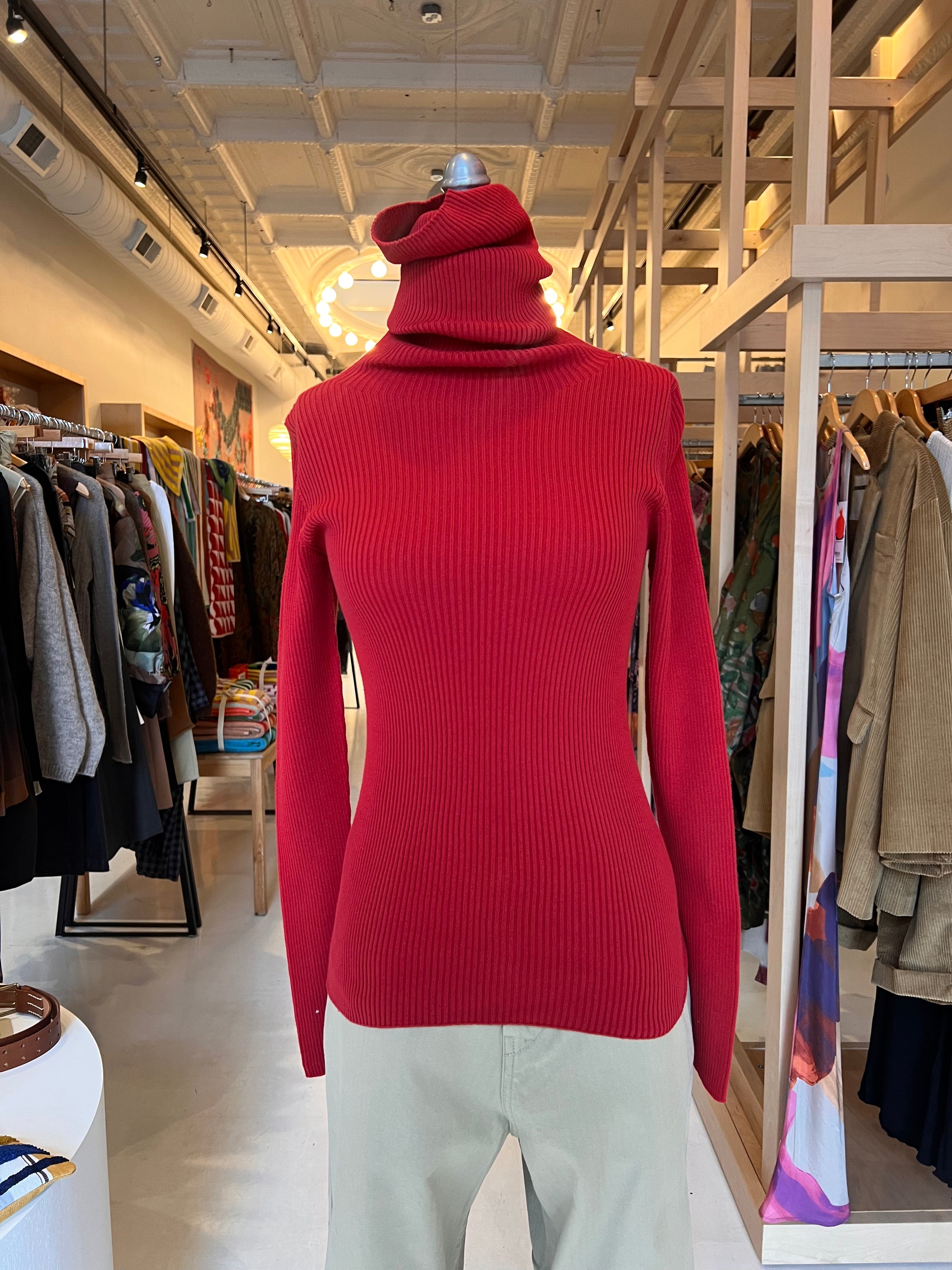 Rib Turtleneck Pullover (Knit) Cotton100%, Red