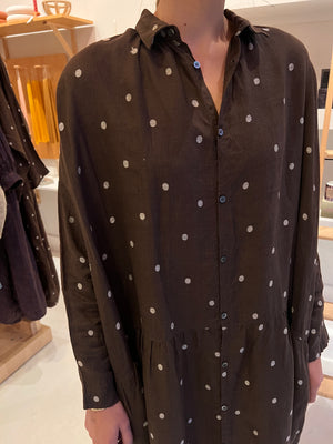 900605 Linen Dot Shirt Dress (Woven) Linen100%, Brown x Natural