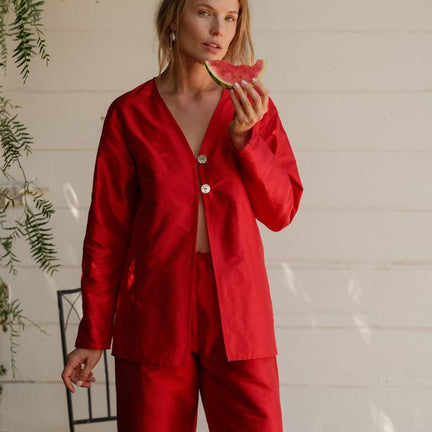 Taffeta Split Top, Bell Pepper