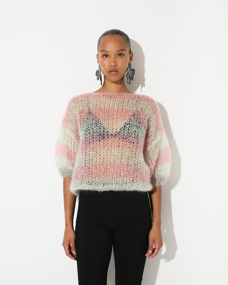 Mohair Stripes Light Puffy Sleeve Top, Water Green/Antique Pink