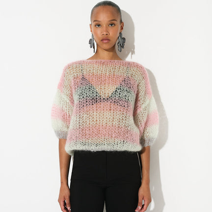 Mohair Stripes Light Puffy Sleeve Top, Water Green/Antique Pink