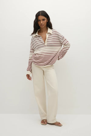 Harlow Oversized Polo, Scandi Stripe Red Cream