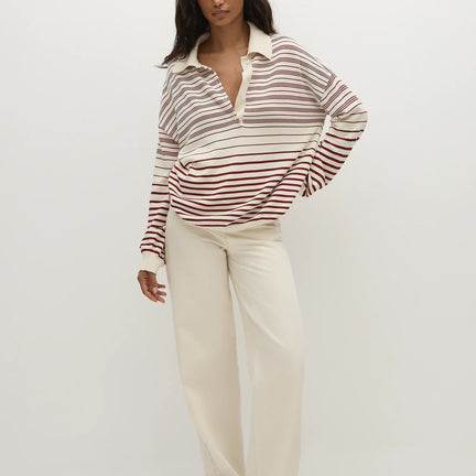 Harlow Oversized Polo, Scandi Stripe Red Cream