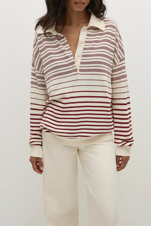 Harlow Oversized Polo, Scandi Stripe Red Cream