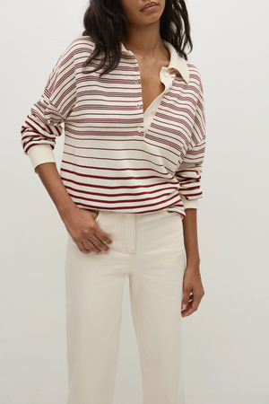 Harlow Oversized Polo, Scandi Stripe Red Cream