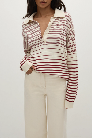 Harlow Oversized Polo, Scandi Stripe Red Cream