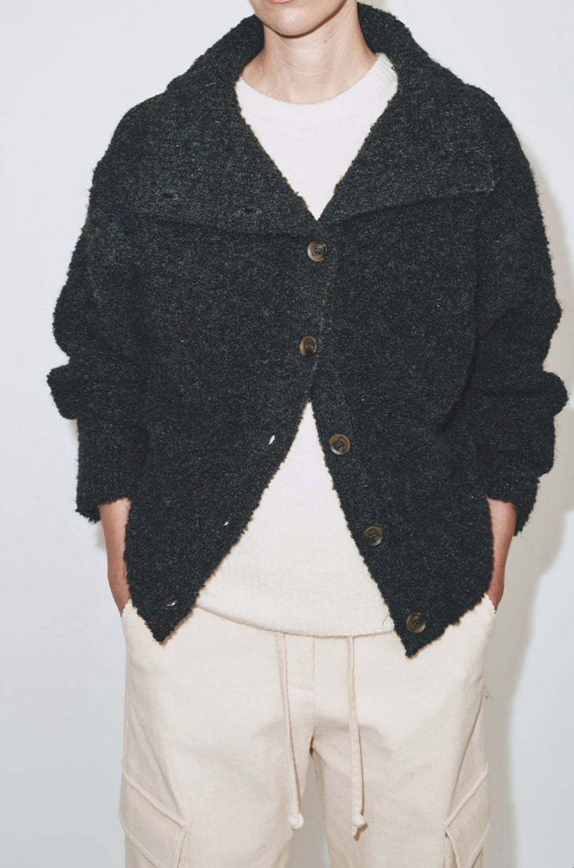 Spread Collar Boucle Cardigan, Navy Olive