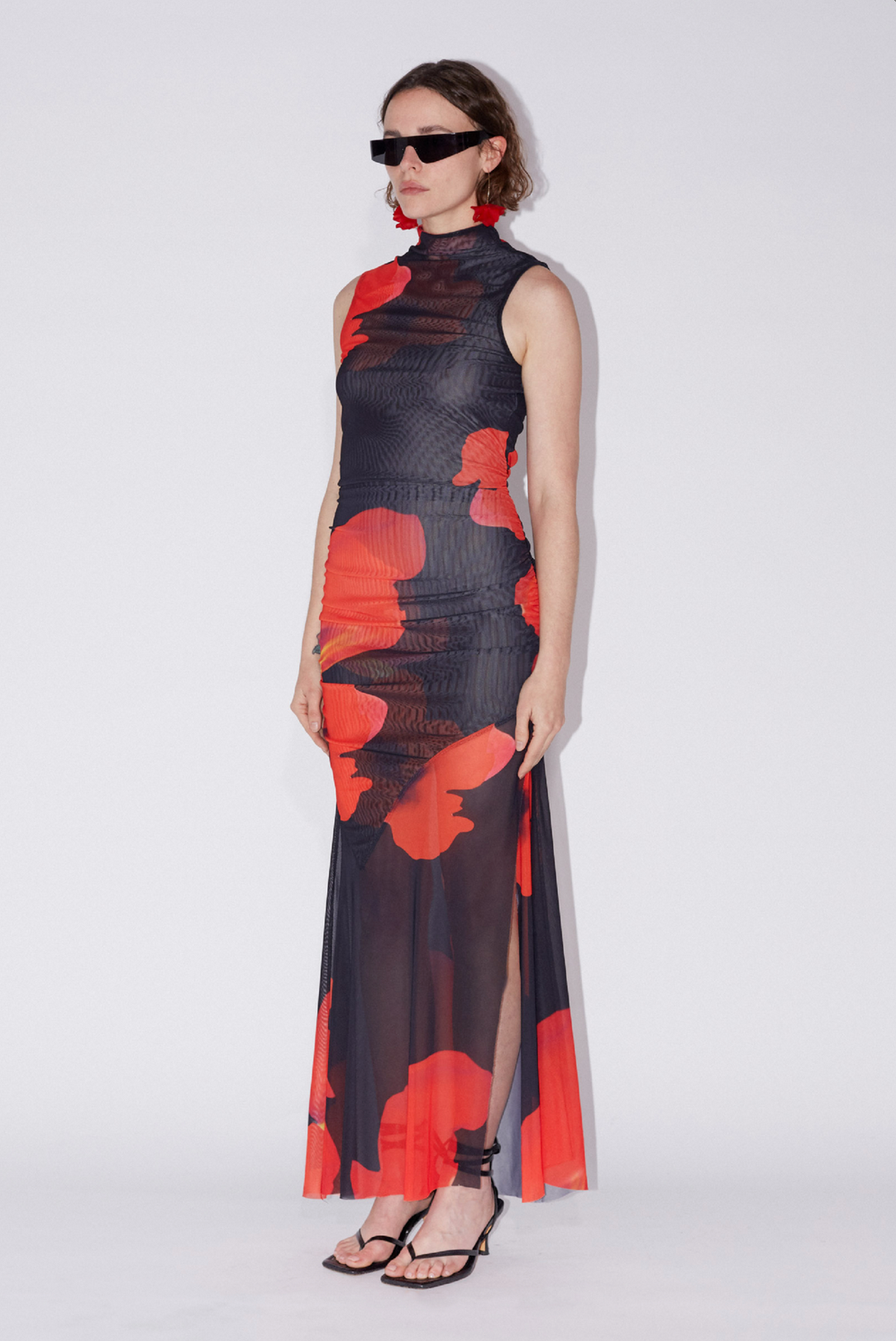 Floral Printed Mesh Dress, Black/Red