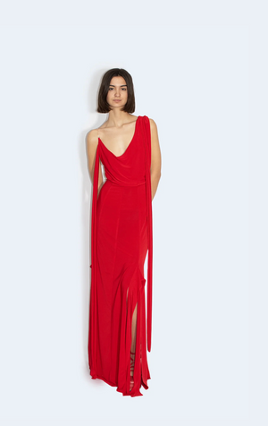 Red Asymmetrical Knit Long Dress