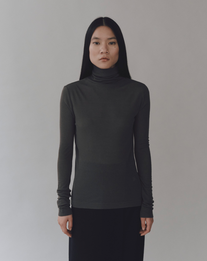 Thin Ribbed Roll Neck Top, Dark Grey